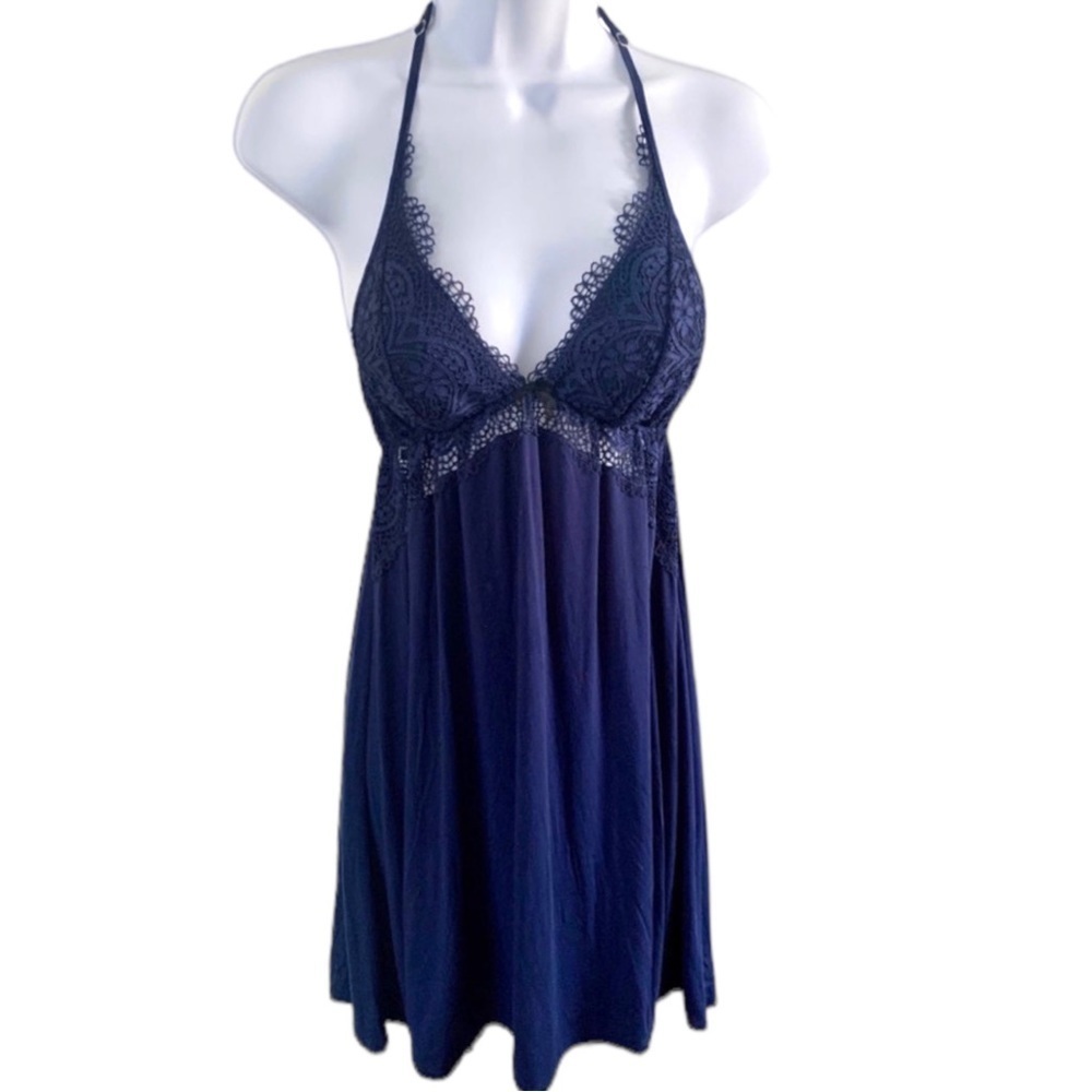 VICTORIA’S SECRET Blue Lace Halter T-Back Chemise Dress Lingerie Women Medium